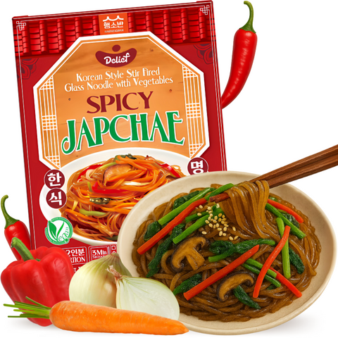 Delief Japchae Picante Estilo Coreano Fideos de Cristal Salteados con Verduras (Vegano, Microondas) 320g