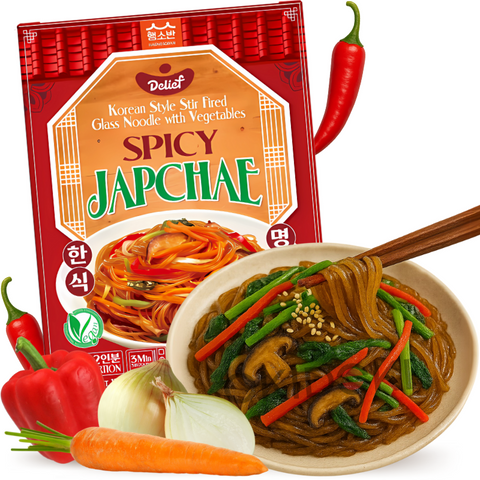 Delief Japchae Picante Estilo Coreano Fideos de Cristal Salteados con Verduras (Vegano, Microondas) 320g