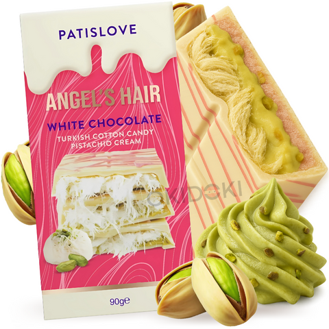 Patislove Angel's Hair Chocolate Blanco con Algodón de Azúcar Turco y Crema de Pistacho 90g