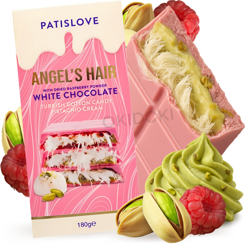 Patislove Angel's Hair Chocolate Blanco con Frambuesa y Algodón de Azúcar Turco y Crema de Pistacho 90g