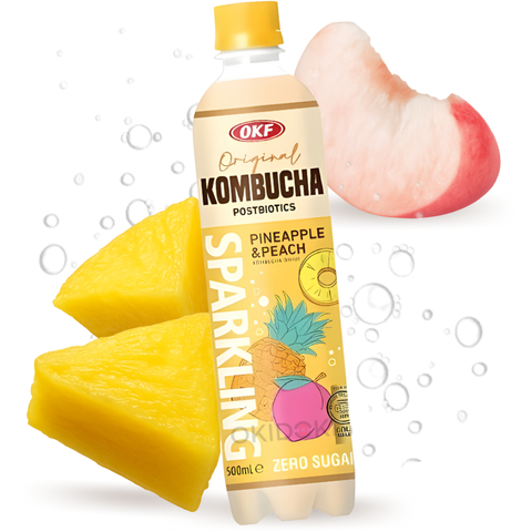 OKF Kombucha Espumosa Sabor Piña y Melocotón (Sin Azúcar) 500ml