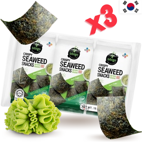 CJ BIBIGO Snack Algas Coreanas Wasabi (Halal, Sin Gluten) 5g x 3uds
