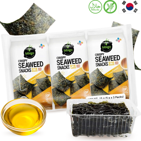 Lanche de algas marinhas coreano original CJ ​​BIBIGO (Halal, sem glúten) 5g x 3 unidades
